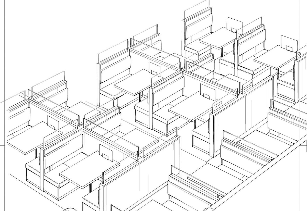草野紅壱 コミティアお疲れ様でした 作画したのはファミレスのフロアの背景 図1 これを作画するに当たってファミレスで椅子 や机を採寸して上から見た簡易的な図面を作る 図2 これをpc上で任意のパースに変形 高さの違う物毎にレイヤーを分けて用意 図3