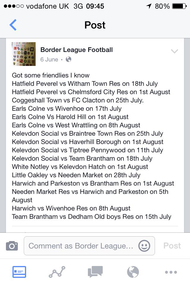 These are some friendlies I put on my Facebook page ' border league football 
<a href="/essexfootie/">'DW'</a> <a href="/guru_border/">Border league guru</a>