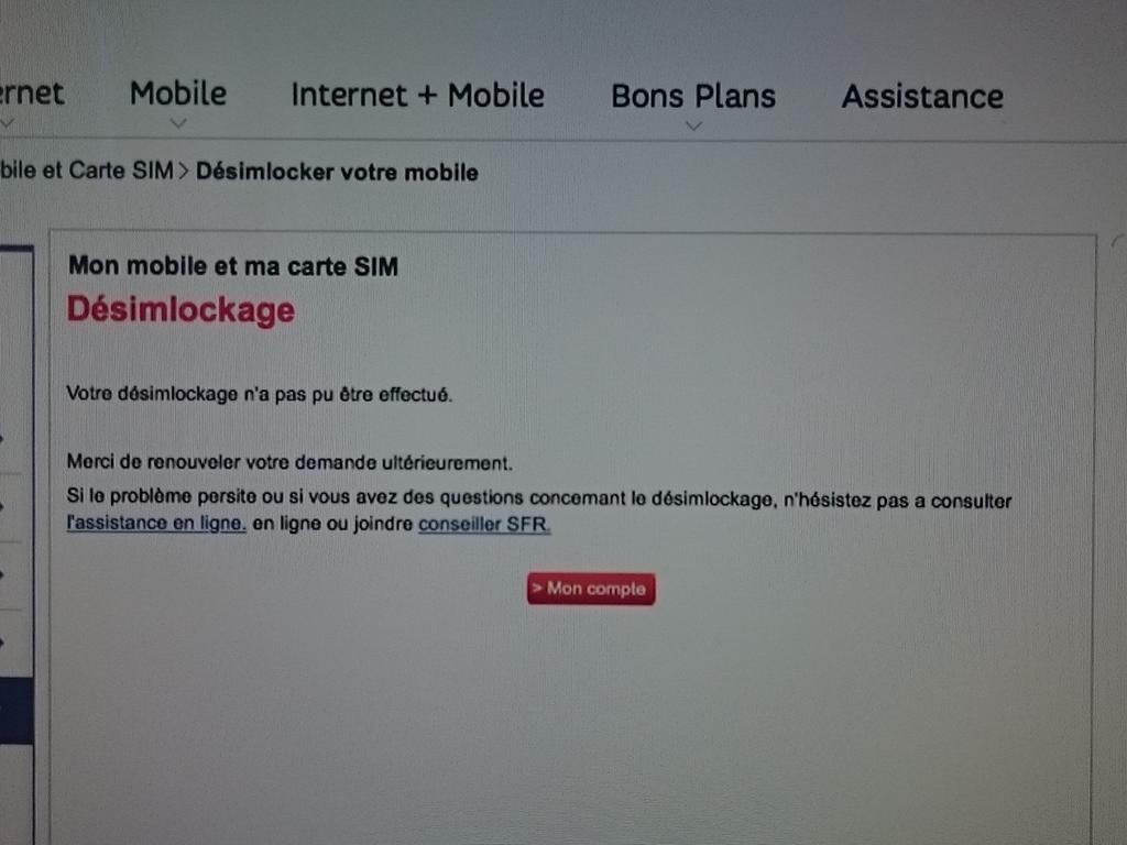 rayban277's tweet photo. @SFR_SAV bonjour! Je souhaite désimlocker un mobile et arrivé sur le site, voilà ce qui est affiché, c'est urgent svp http://t.co/zu9Np42uls