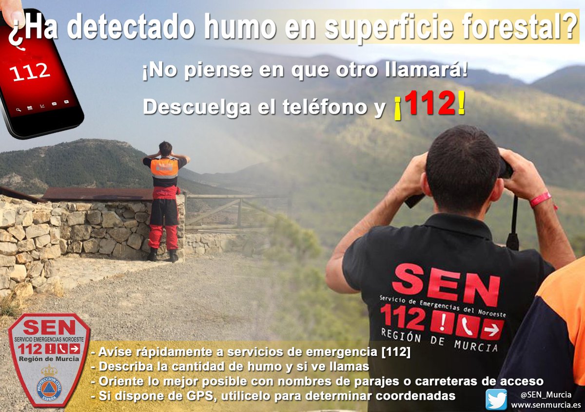 Si ve humo en una zona forestal, no piense en que otro llamará. ¡Actúa! <a href="/112rmurcia/">112 Región de Murcia</a> <a href="/vostSPAIN/">VOSTspain</a> <a href="/InfoEmerg/">InfoEmergencias</a> <a href="/VOSTmurcia/">VOST MURCIA</a>