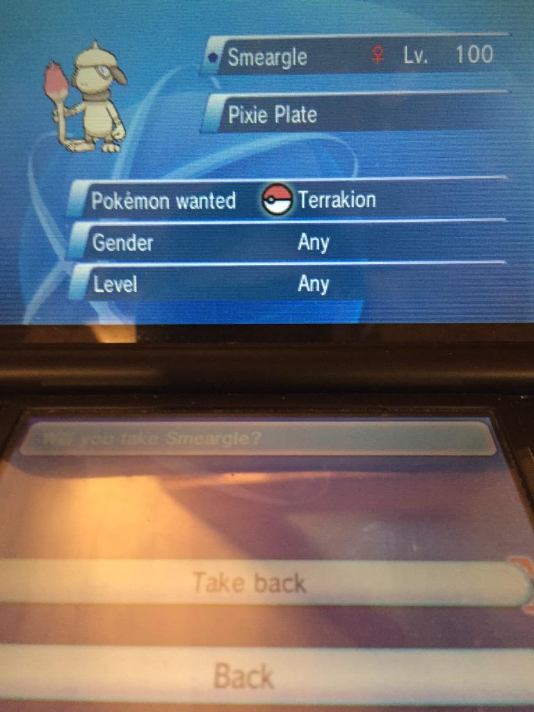 MegaAltaria2's tweet image. Guys hurry and get your terrakion this smeargle has LEGENDARY MOVES INCLUDING JUDGEMENT AND OBLIVION WING HURRY GET 1