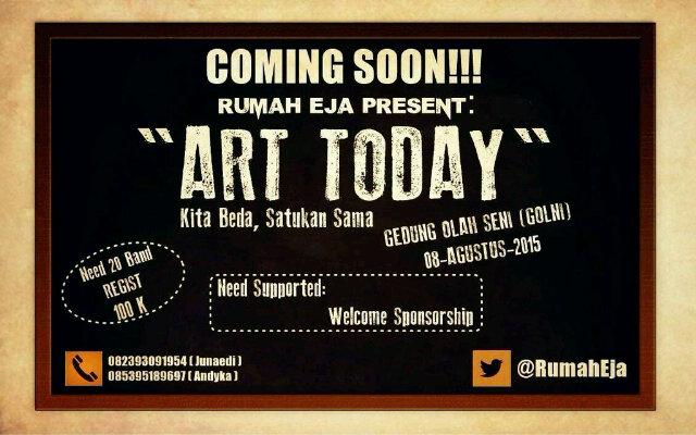 COMING SOON "ART TODAY" Kita Beda Satukan Sama At golni @MajalahTERKAM@Ngana_Palu <a href="/RumahEja/">ART TODAY | 09/08/15</a> <a href="/IndiePalu/">INDIE PALU</a> <a href="/palumovement/">#PALUMOVEMENT</a>