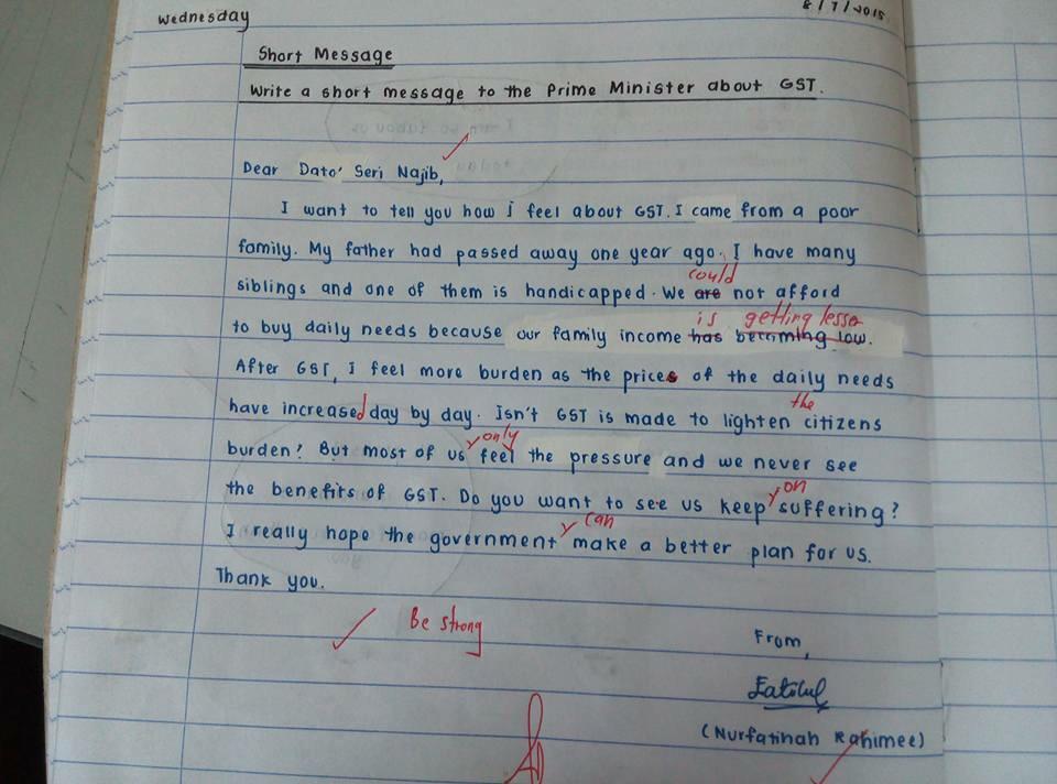 Surat budak sekolah rendah tuk PM. 
Sangat menyentuh hati. Berkenaan GST.
Comment cikgu dia lawak tp serius bermakna
