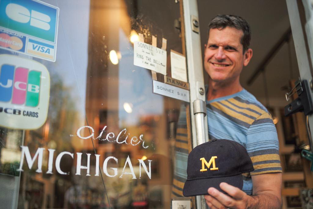 jimharbaugh's tweet photo. Bonjour! Go Blue! http://t.co/EoBL4i5Svh