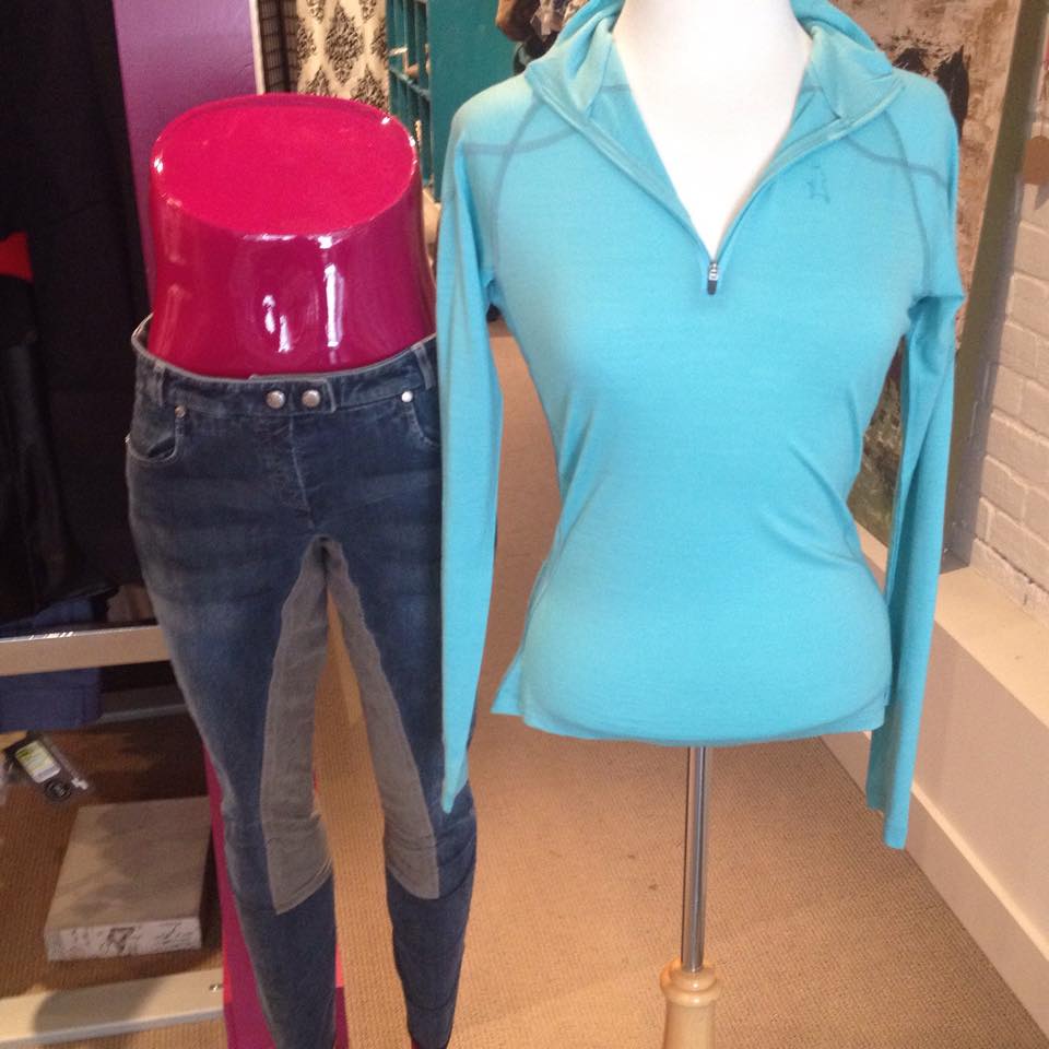 Cute schooling outfit! Cavallo denim full seat breeches ($189) and the EquiRex zip-up in Aqua OR burgundy ($89)!