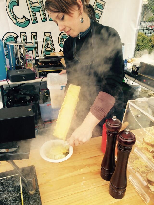 The perfect day for <a href="/cheese_chasers/">Cheese Chasers</a> duet <a href="/VicFarmrsMarkts/">VFMA</a> #Flemington #raclette #potatoes #cheese