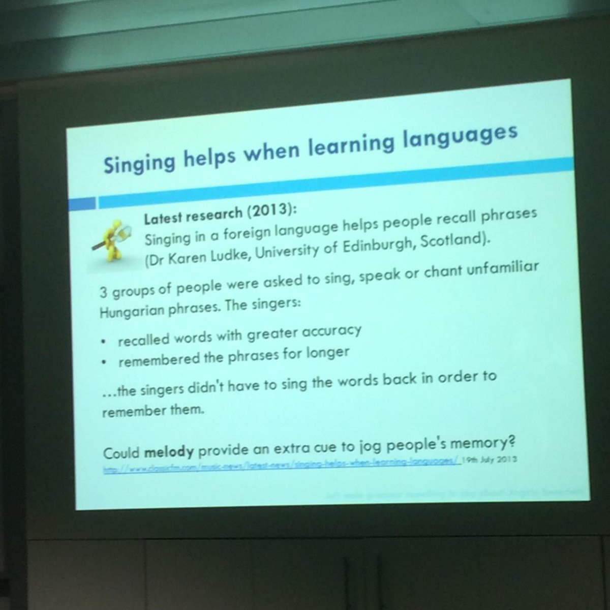 AFMLTA's tweet photo. Singing in a foreign language helps people recall phrases (Ludke) via Benedetti #AFMLTA2015 http://t.co/PvH8DBYh7F