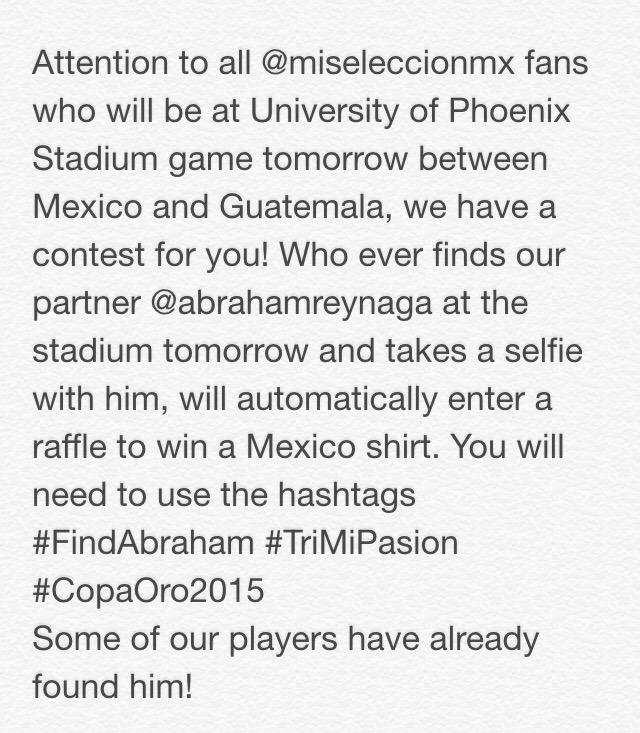 TRI_Mi_Pasion's tweet photo. Want to enter the raffle to win a Mexico shirt?! This is how you can win! #FindAbraham #TriMiPasion #CopaOro2015 http://t.co/gFGSwJB8a4
