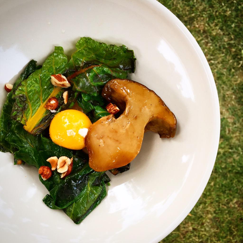 TomDouglasCo's tweet photo. Porcini mushrooms, @ProsserFarm wilted chard &amp; kale, our hen's egg yolks in olive oil &amp; WA hazelnuts. #FarmDinner http://t.co/OK4TDZLcHK