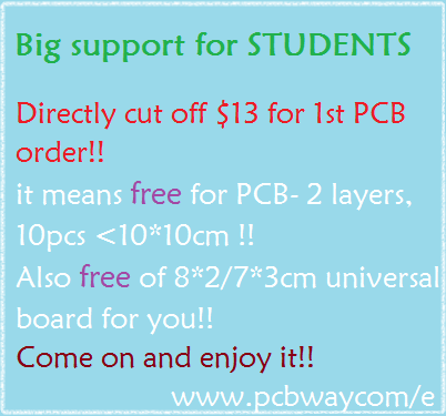 Erinkou1876's tweet image. Big support for students!
$13 cut off for 1st PCB order!! Come on and enjoy it! 
PCBWay：pcbway.com/e