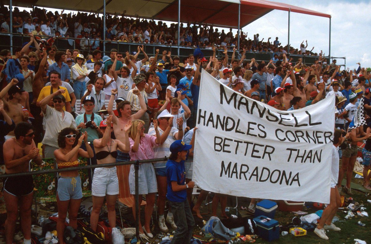 F1's tweet photo. #ONTHISDAY Nigel Mansell lived up to his billing with a dramatic win at the 1987 #BritishGP at #Silverstone. #F1 http://t.co/L8alEOjvEh