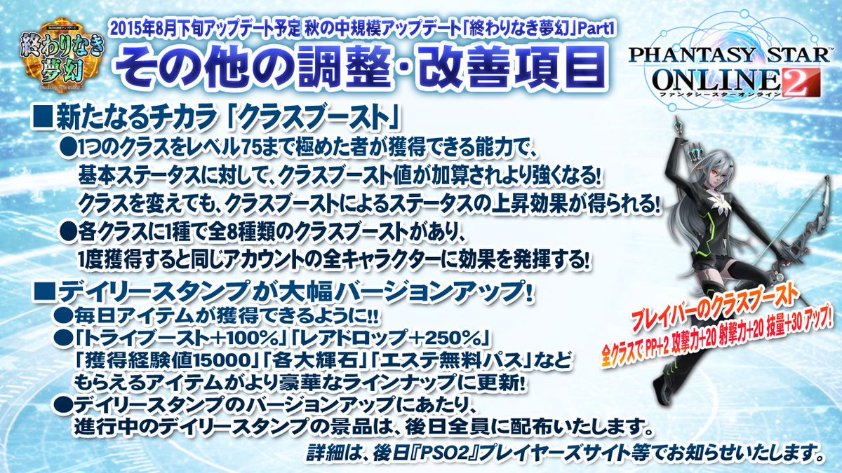その他の調整・改善項目。新たなる力「クラスブースト」実装で育てたキャラクターがさらに強く！デイリースタンプの報酬が豪華に!!詳細は画像で。