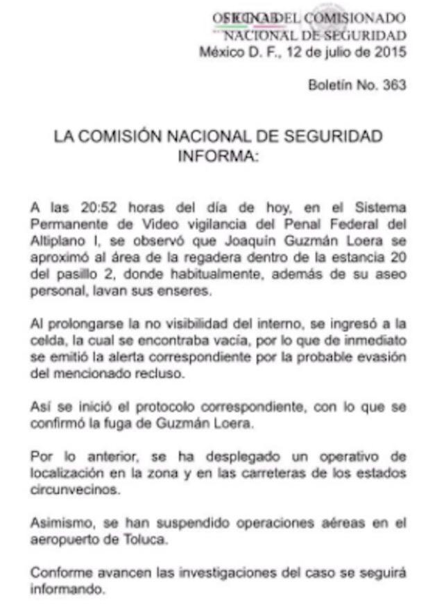 vigilante818's tweet photo. Boletin oficial sobre la Fuga del #Chapo Guzman @RegioSeguro @retioMTY @CiudaDanaMtySur @TARJETAS_ @AtentosMTYSur http://t.co/IlzIrTfVLO