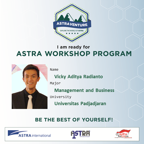 vickyadityar's tweet photo. @Astra_Career Thank you. I'm ready to be a part of #Astra1st2015 and give the best impact for Indonesia #Astraventure http://t.co/xdN1s5I06H