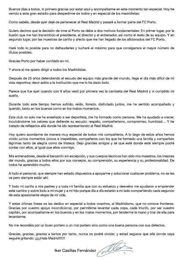 ReinoMadridista's tweet photo. Esta fue la carta que leyó Iker Casillas en su despedida como jugador del Real Madrid. http://t.co/riZm6c0R23