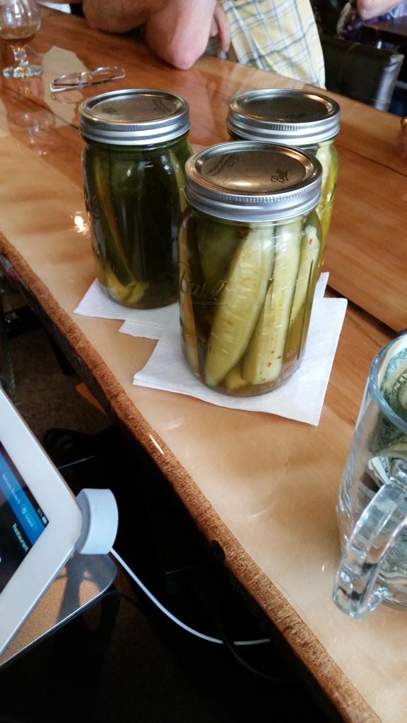 Some of our chef's famous Sweet &amp; Spicy Pickles! If you want to try them, come on in!