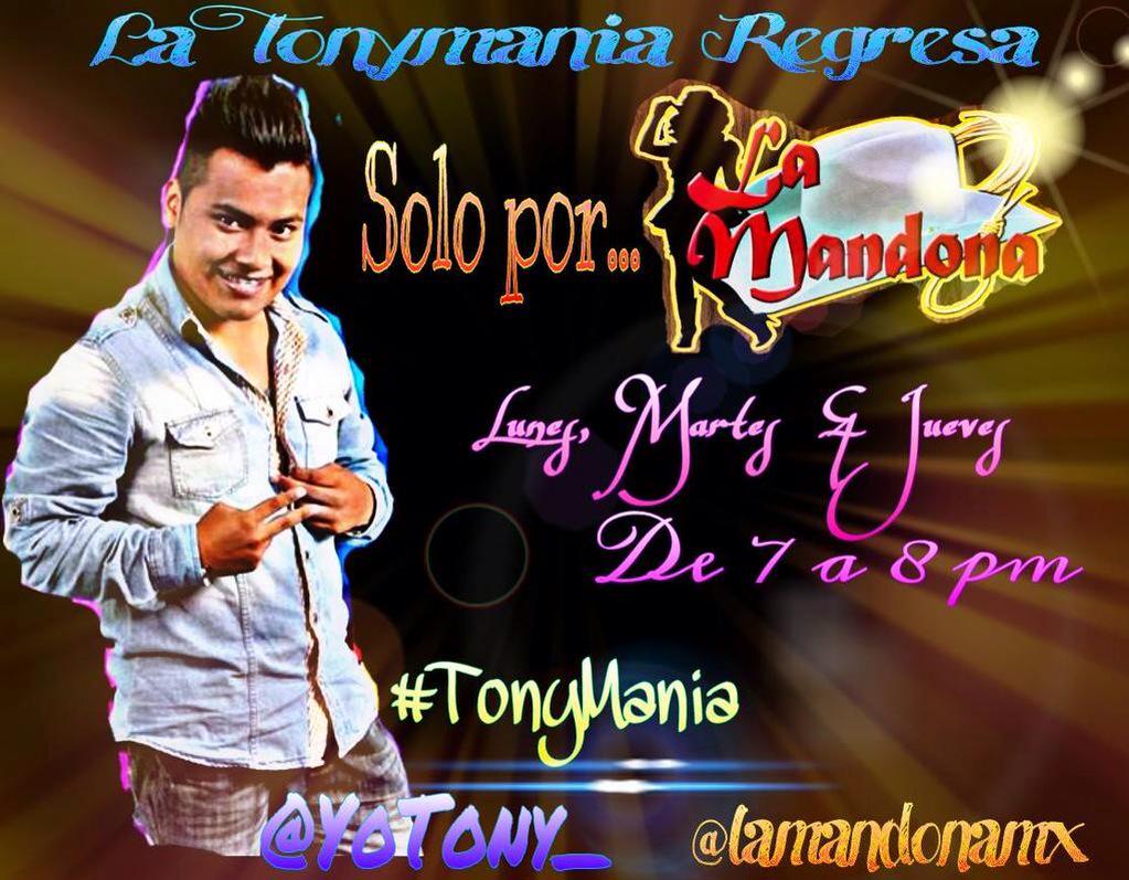 DinamicasLUDM's tweet photo. No se pierdan el regreso de la #TonyMania a través de @lamandonamx escucha a @YoTony_ de 7:OO a 8:OOpm 🎤 http://t.co/rOGJpwxe5r