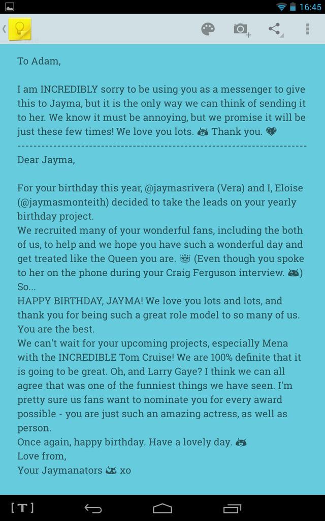 Happy Birthday to our idol, Jayma Mays. We love you lots & we hope you have a lovely day! Enjoy your gifts from us. 