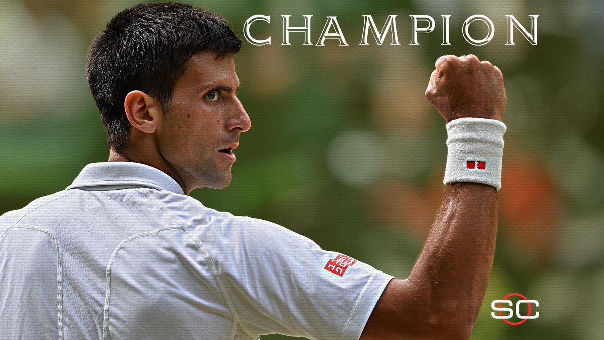 SportsCenter's tweet photo. Novak Djokovic wins Wimbledon! He takes down Roger Federer in 4 sets to capture back-to-back titles. http://t.co/B9DTA5Od5X