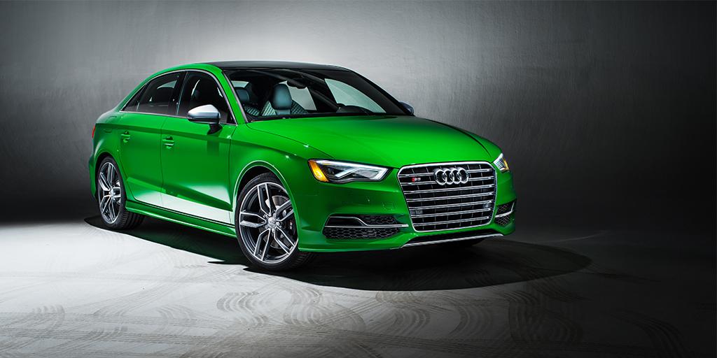 Audi's tweet photo. #Audiexclusive S3 Viper Green: 1 of 5. Color-matched trim. Scrupulous seat stitching. http://t.co/LyRN0BSXqw http://t.co/3a8rtXT6kW