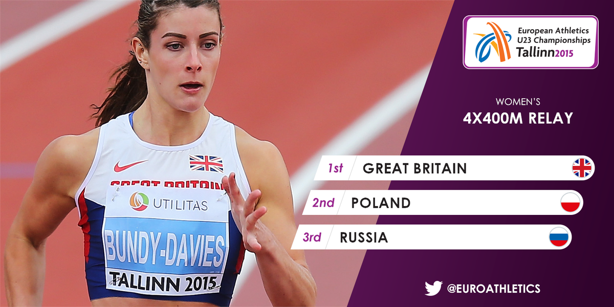 The GB quartet combined for the women's 4x400m title in 3:30.07 ahead of Poland (3:30.24) and Russia (3:30.78).