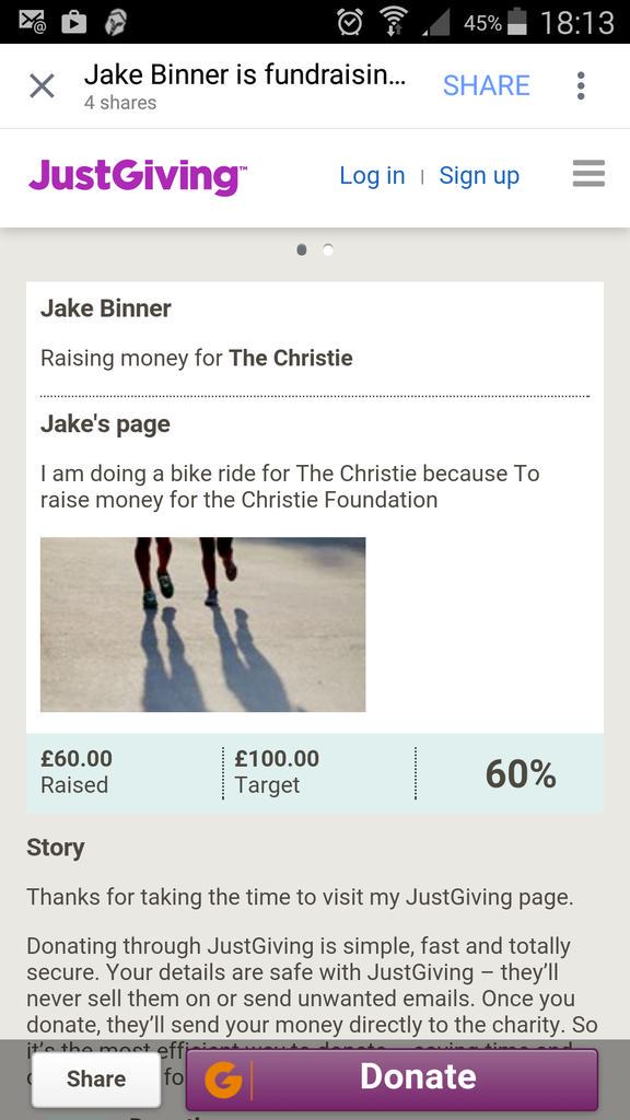 Congratulations to <a href="/JakeBinner/">Jake</a> on cycling 60 miles for a fantastic cause. Please help him reached his target of £100.