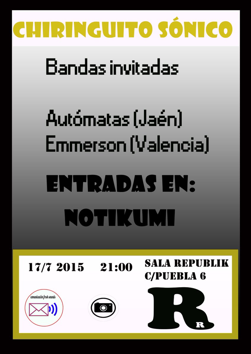 ElFiesta_es's tweet photo. 17 Julio @Emmerson_twitts y @automatasmusic en #chiringuitosonico de Madrid. Recomendado por http://t.co/q0QEDJoreS http://t.co/L9irV49H6r
