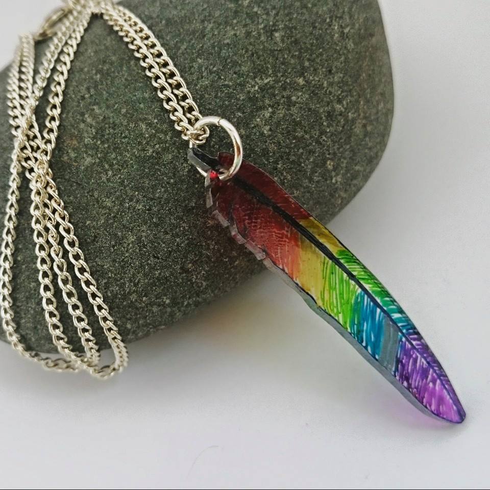 EriminiDesigns's tweet photo. Rainbow feather pendant, can be made in any colours you like! All hand drawn #handmadehour http://t.co/95hmZoTUAc