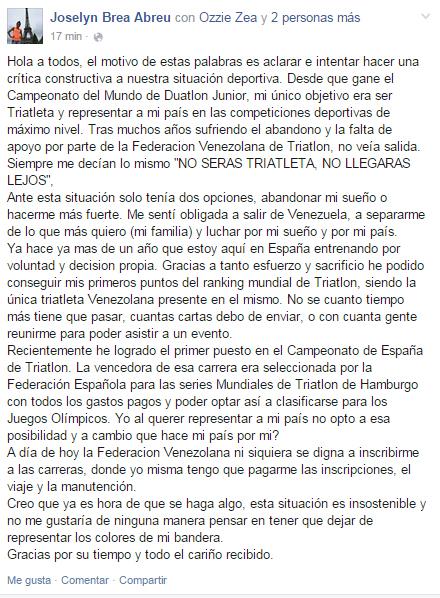 #Triatlón Les pido a todos un RT de este comunicado de la gacela Joselyn Brea <a href="/pinfantepsuv/">Pedro</a> <a href="/MataVictoria/">Victoria Mata</a> #Venezuela