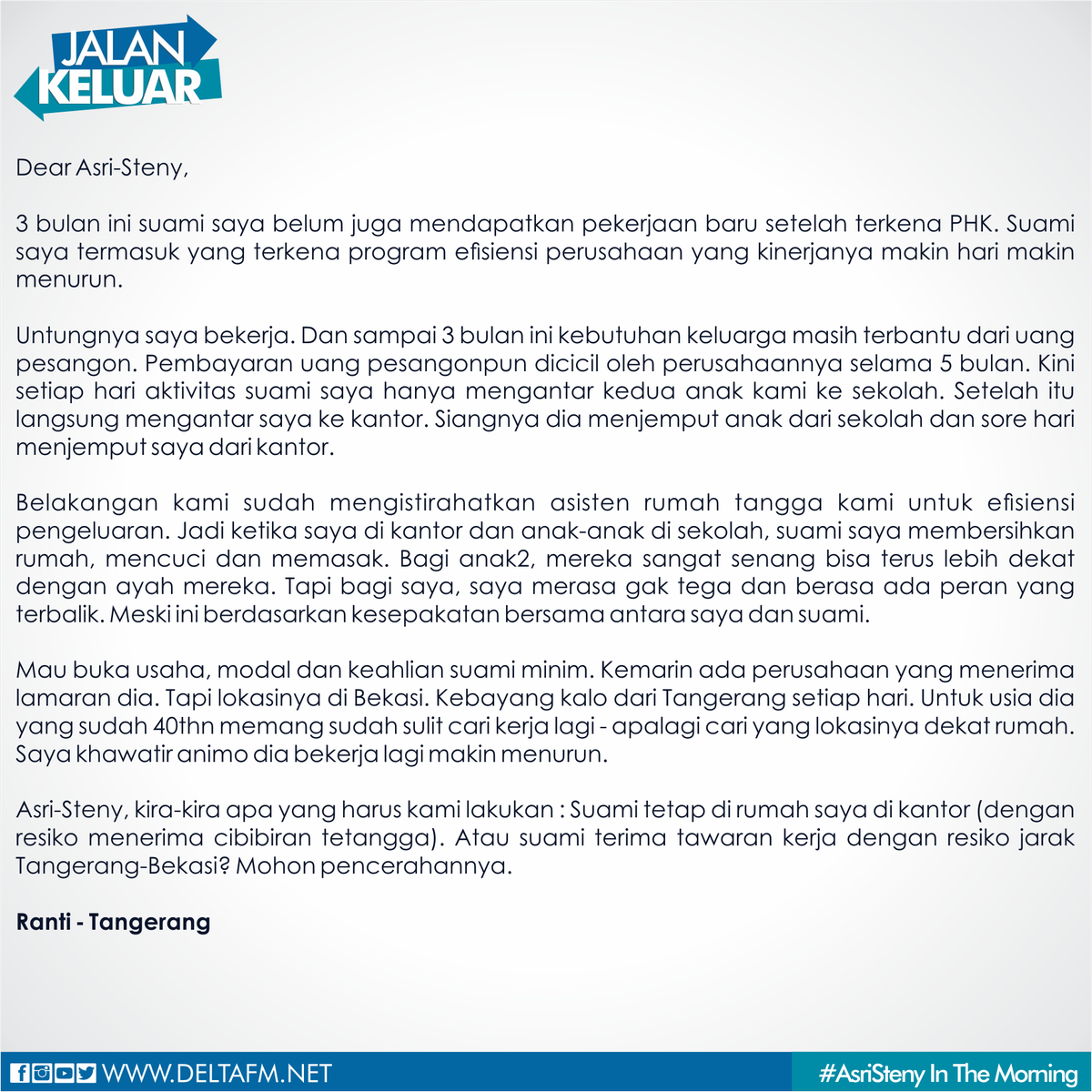 Delta_FM's tweet photo. Kalo dari cerita ini, apa #JalanKeluar terbaik untuk Ranti? Share sama @Asri_Welas @St_agustaf (021-72800886) http://t.co/Q6H9tqZLoT