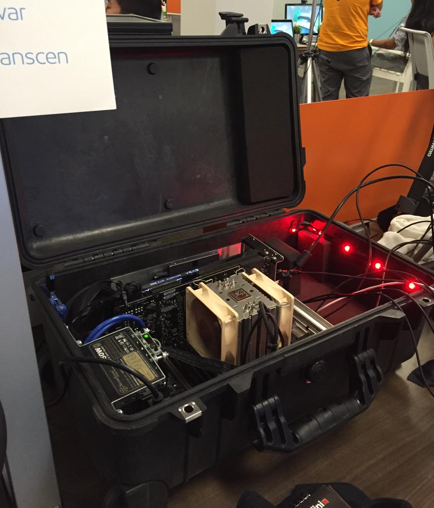 vrdigest's tweet photo. The carry-on VR PC @jstarrdewar built is a hit here @SoCalVR #SoCalVRCon http://t.co/xAHFzmVOEd