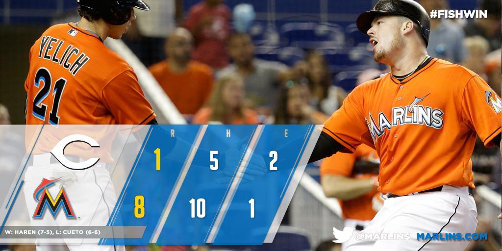 Marlins's tweet photo. RECAP: @bour41 drives in 3 in #Marlins’ series-finale victory over the Reds. http://t.co/0mTinbGuzq http://t.co/OzYg4Pzzq6