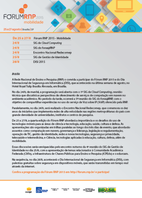 Fórum RNP 2015 terá diversas Atividades Extras gratuitas. Conheça e garanta sua inscrição: forum.rnp.br/programacao