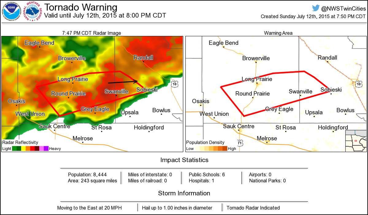 Tornado Warning including Long Prairie MN, Swanville MN, Flensburg MN