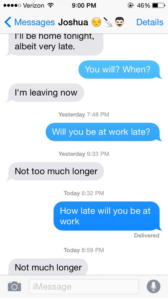 alexiscagney's tweet photo. Sensing a trend in our lives right now. #OppositeWorkSchedules @JoshGSt http://t.co/NHFUBGR0el