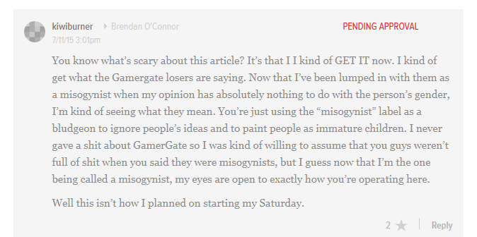 mombot's tweet photo. "I kind of get what the GamerGate losers are saying." 

[PENDING APPROVAL] 

#GamerGate http://t.co/qxdas35FOQ
