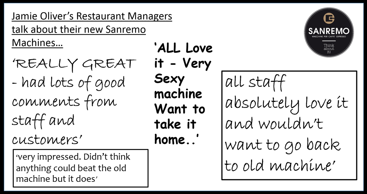 BeanSmitten's tweet photo. 90+ @sanremouk machines were installed in @JamiesItalianUK outlets in April &amp; May. Talk to us about how to get yours http://t.co/m9afuAU4xx