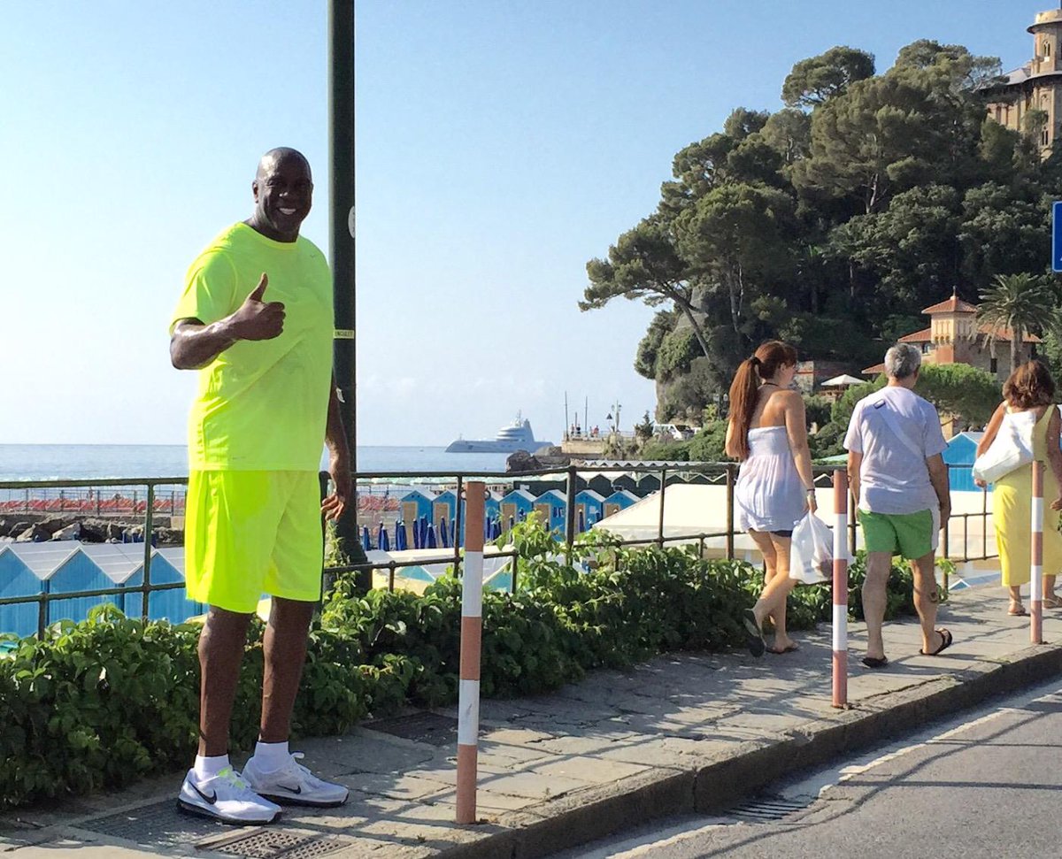 venverloh's tweet photo. @MagicJohnson great to see you thumbs up in Sta Margherita Ligure. We saw Amadeus in Capri a few days ago. Go Green! http://t.co/GcMZBBJxrd