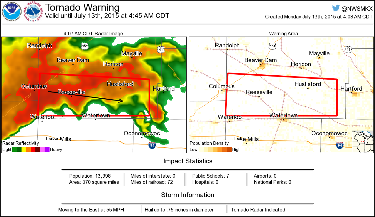 NWS Tornado on Twitter "Tornado Warning including Hustisford WI
