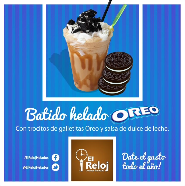 ElRelojHelados's tweet photo. Tus galletitas preferidas combinadas con nuestras cremas heladas. Probá el batido helado Óreo. http://t.co/kIS9a7jchs