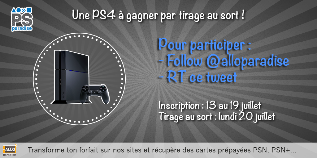 alloparadise's tweet photo. Une PS4 à gagner pour le 4ème anniversaire de http://t.co/NIc6SJdgin !
Pour participer :
Follow @alloparadise + RT http://t.co/xctskmPmcG