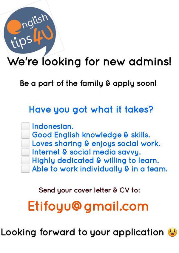 EnglishTips4U's tweet photo. Anyway, I invite you to be part of us! Do you dare to take this chance? Send your CV soon! #AdminHunt http://t.co/lMVwKLwksm