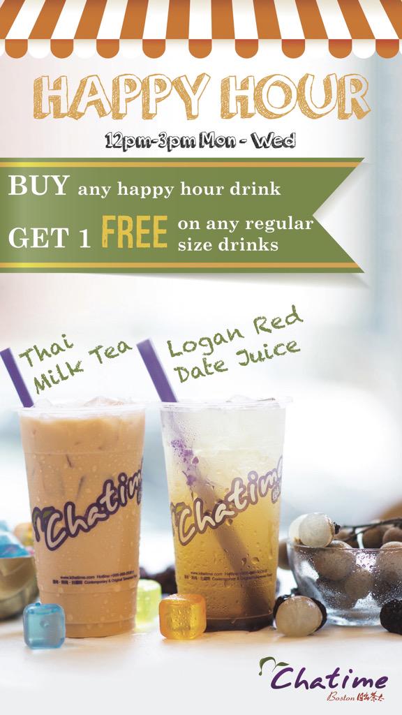 ChatimeBoston's tweet photo. #HappyHour starts at 12pm-3pm, Mon-Wed, buy any happy hour drink get 1 FREE on any regular size drink.  #Boston #BOGO http://t.co/7MJiowYqcW