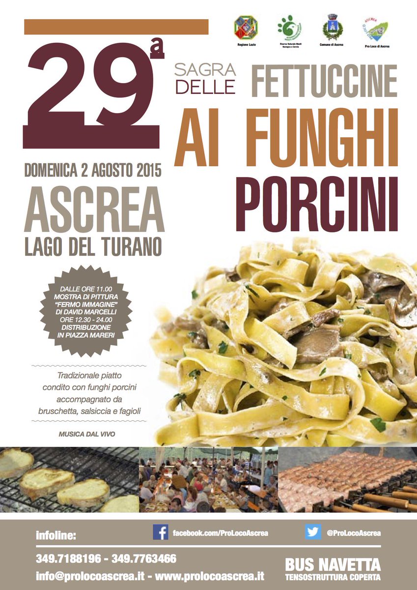 ProLocoAscrea's tweet image. 2 Agosto, 29° Sagra delle #fettuccine ai Funghi Porcini: appuntamento ad #ascrea in Piazza Mareri dalle ore 12.30!