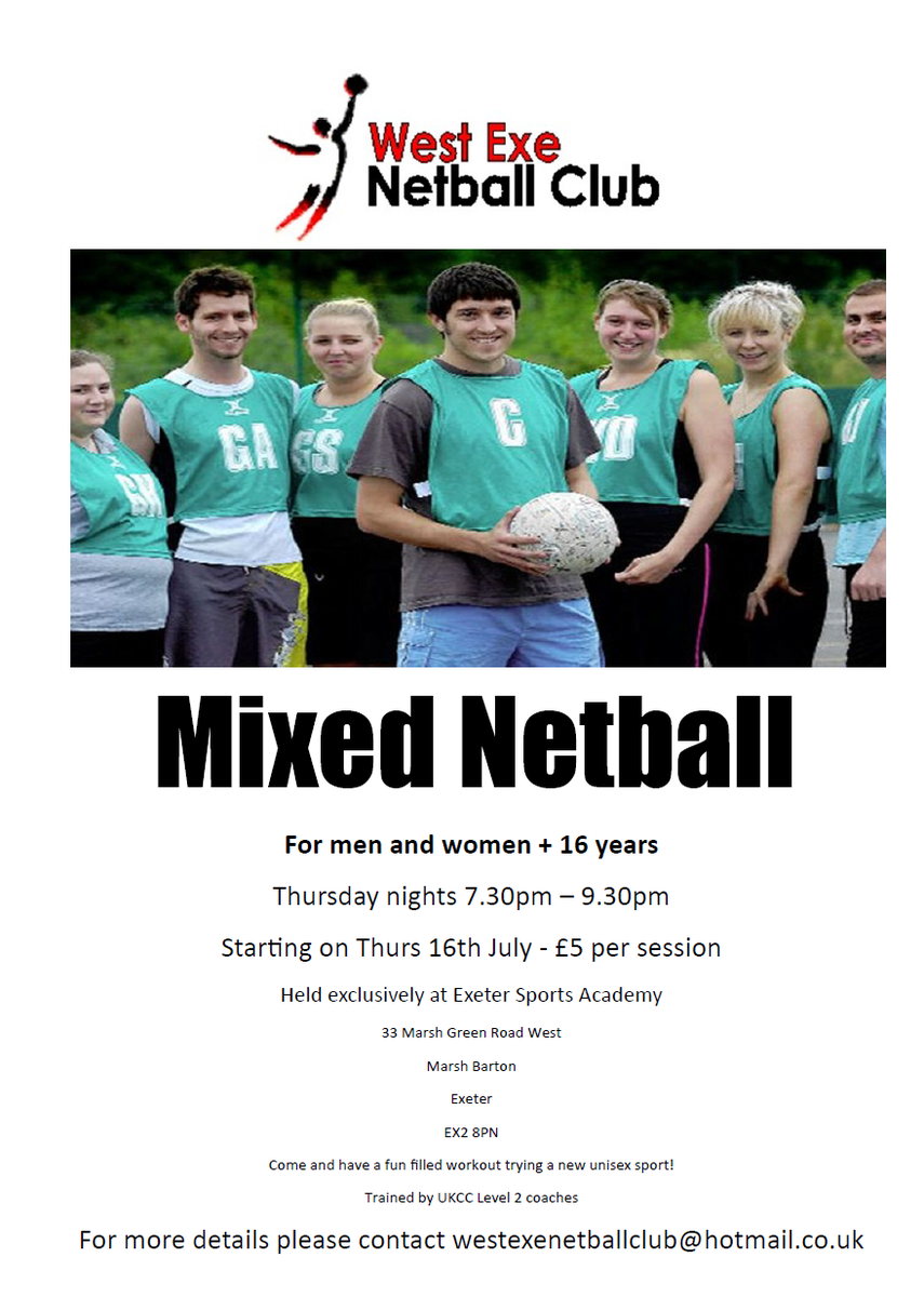 KL_ActiveDevon's tweet photo. Mixed netball (16+yrs) @westexenc Starts thisThursday16th July 7.30-9.30pm @ Exeter Sports Academy (EX2 8PN) £5 p/p http://t.co/5fdcTnhoIZ