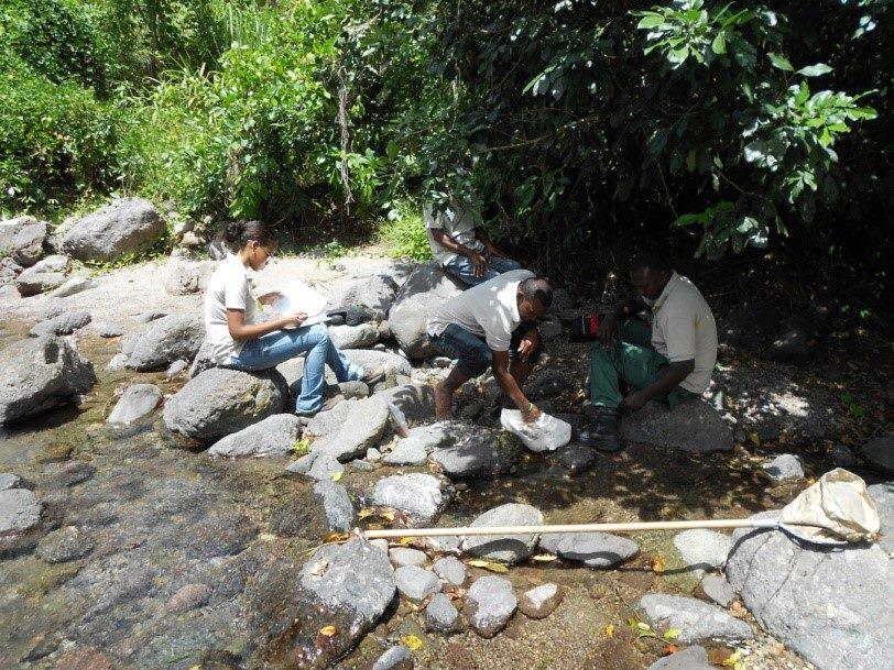 Chief of Corps, Ms. Gabrielle Watson left &amp; Rangers doing river monitoring at Pencar Buff Bay in the BJCMNP.