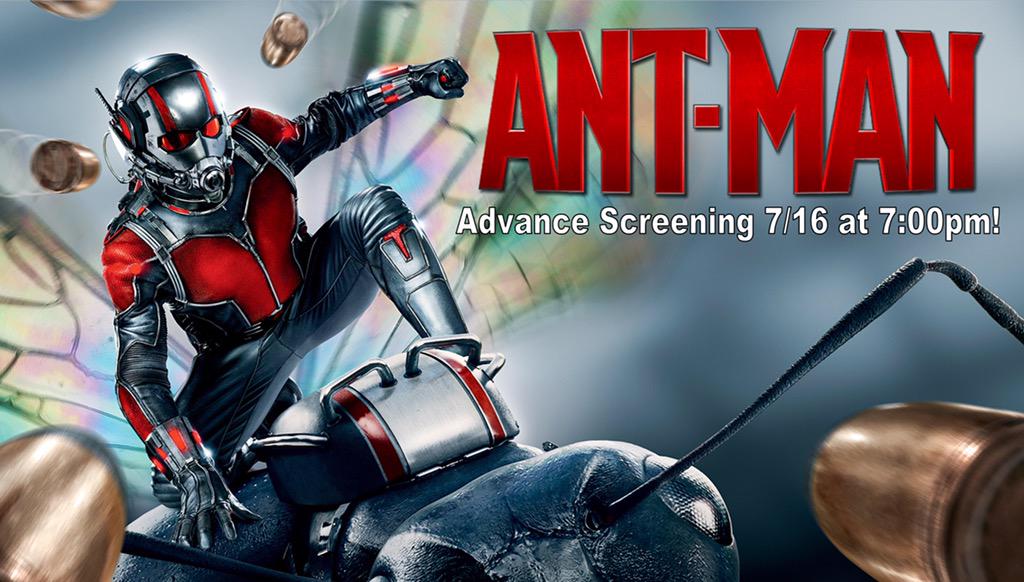 First tweet! Who's excited for <a href="/AntMan/">Ant-Man</a>!?  Don't forget about our advance screening Thursday at 7pm! #AntMan #Marvel