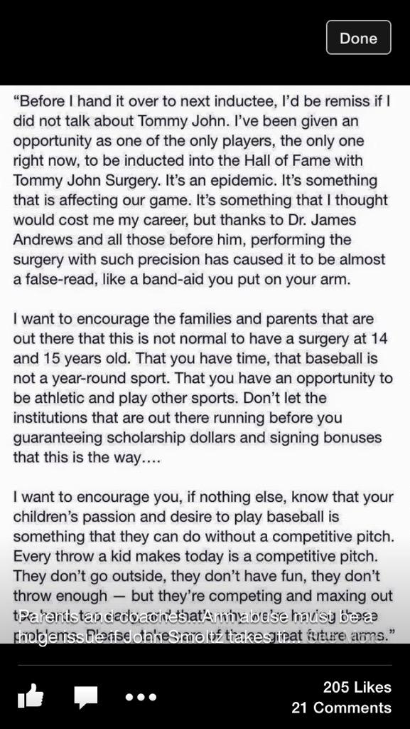 DrivelinePulse's tweet image. John Smoltz message to parents and young pitchers during his #HOF speech #mThrow