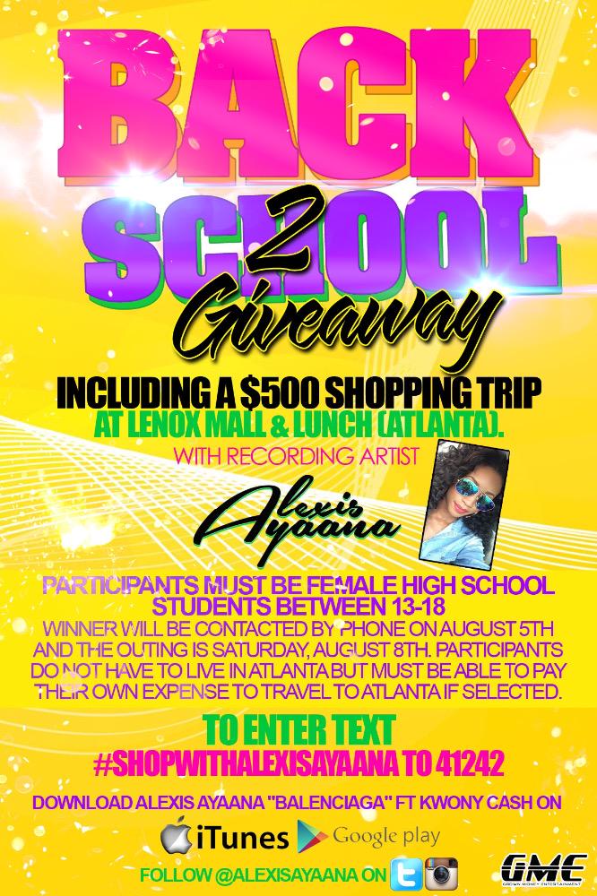 PR_ATLANTA_'s tweet photo. High school females Win $500) Back2School Shopping Trip &amp; Lunch w/ @AlexisAyaana. Text ShopWithAlexisAyaana to 41242 http://t.co/nwS2BXSGA7