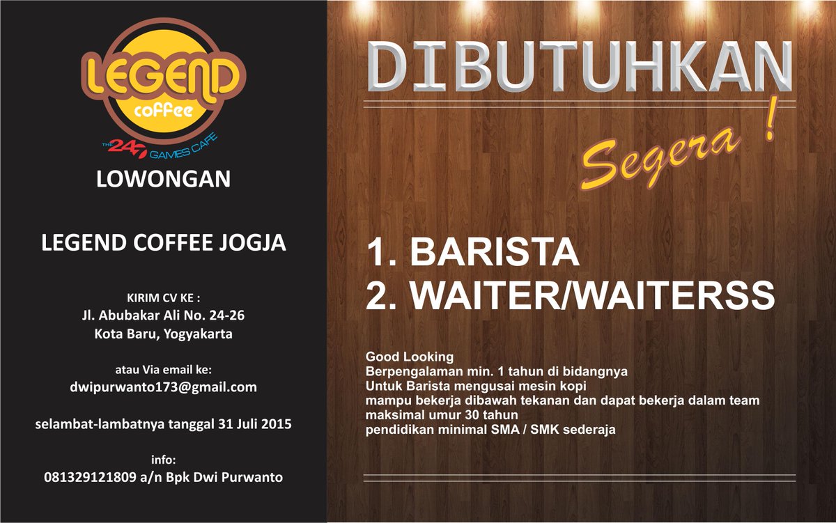 BerandaJogja's tweet photo. #Gawean @legendjogja: Barista &amp; waiter/waitress | good looking, berpengalaman | max30th | kirim CV ke @legendjogja http://t.co/VP5p1UNsWC